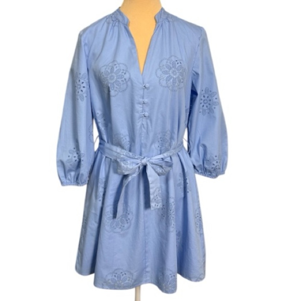 Zara Baby Blue Embroidered Poplin Mini Dress Belted Size XS Cottagecore